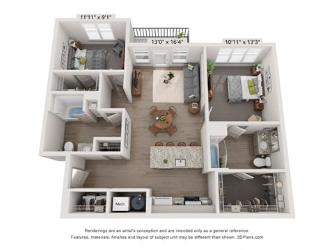 Floor plan for 2 beds, 2 baths, 1067 sqft